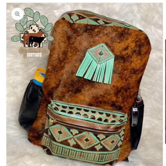 🔥 RARE Western Cowhide & Real Tooled Leather Diaper Bag / Backpack XL 🐄 - Picture 13 of 13